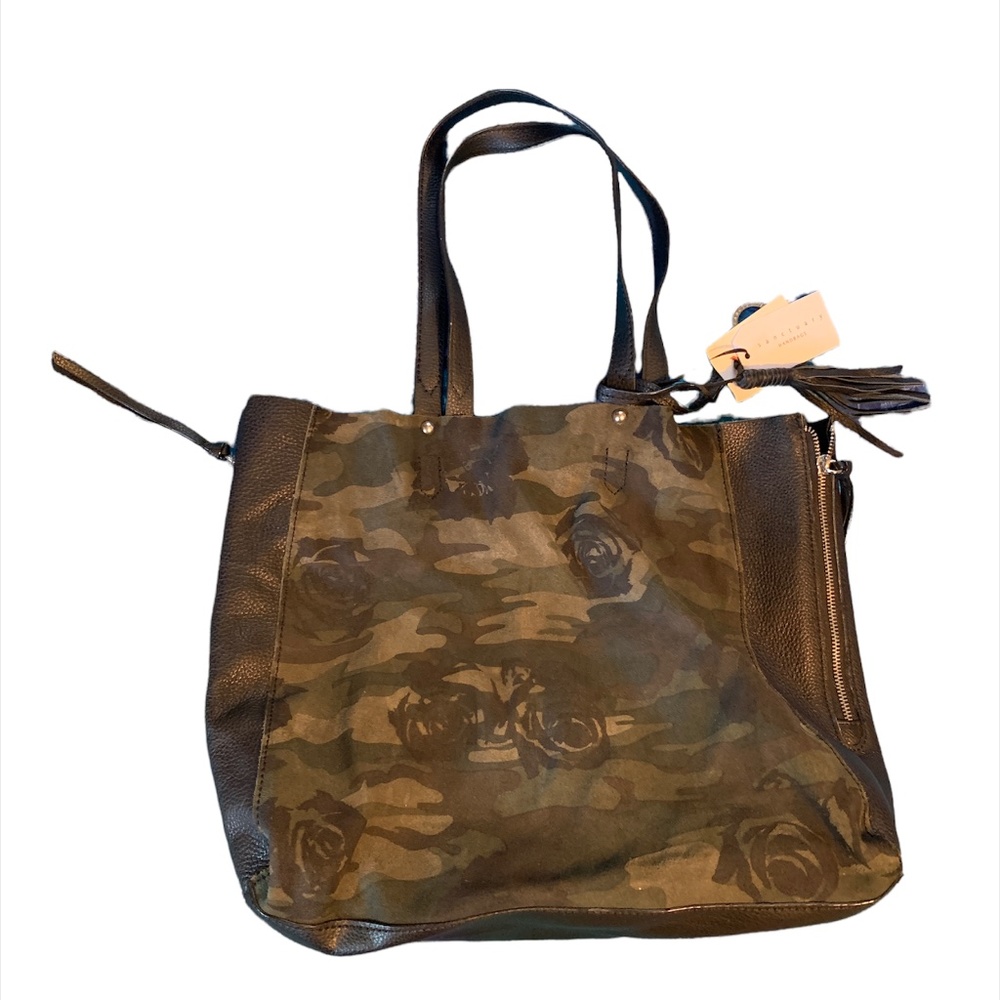 Sanctuary Black leather and camouflage suede tote handbag
